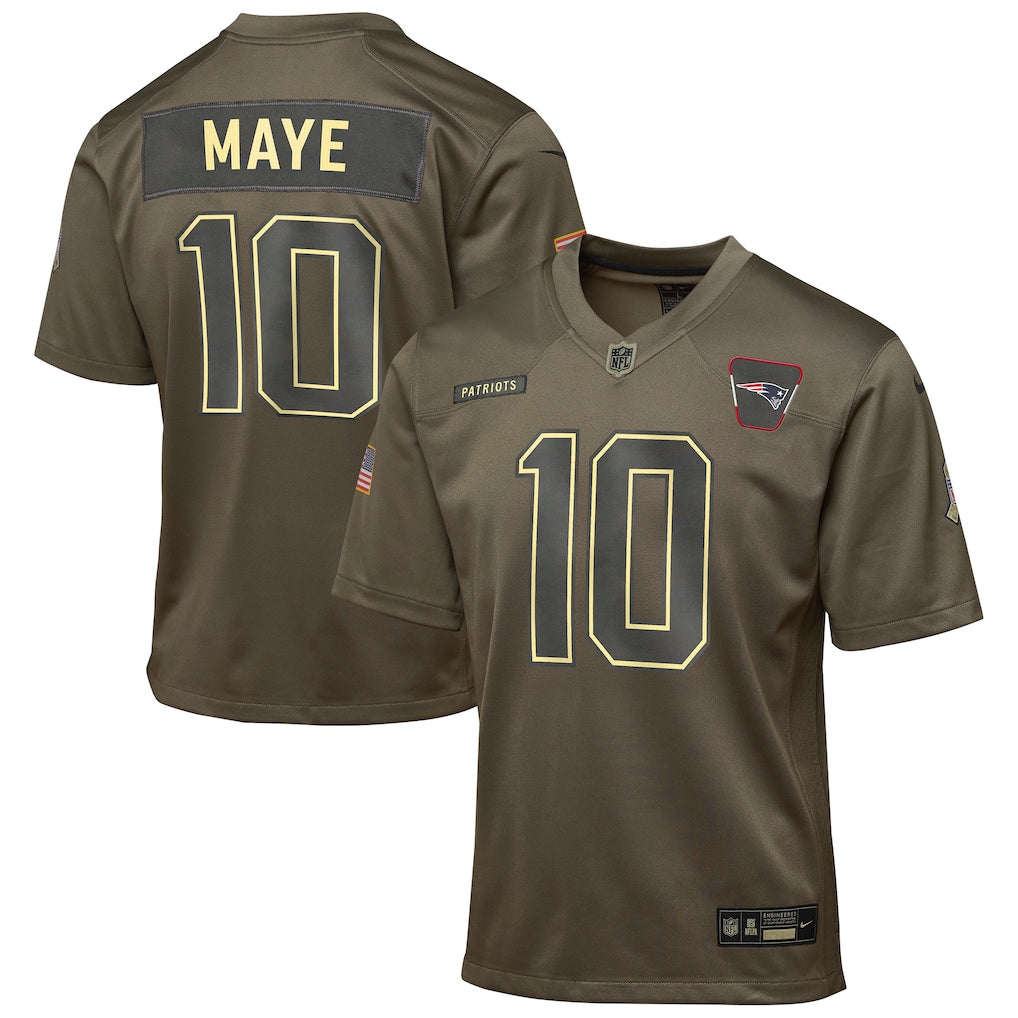 New England Patriots Drake Maye Olive 2025 Salute to Service Game Jersey NFL